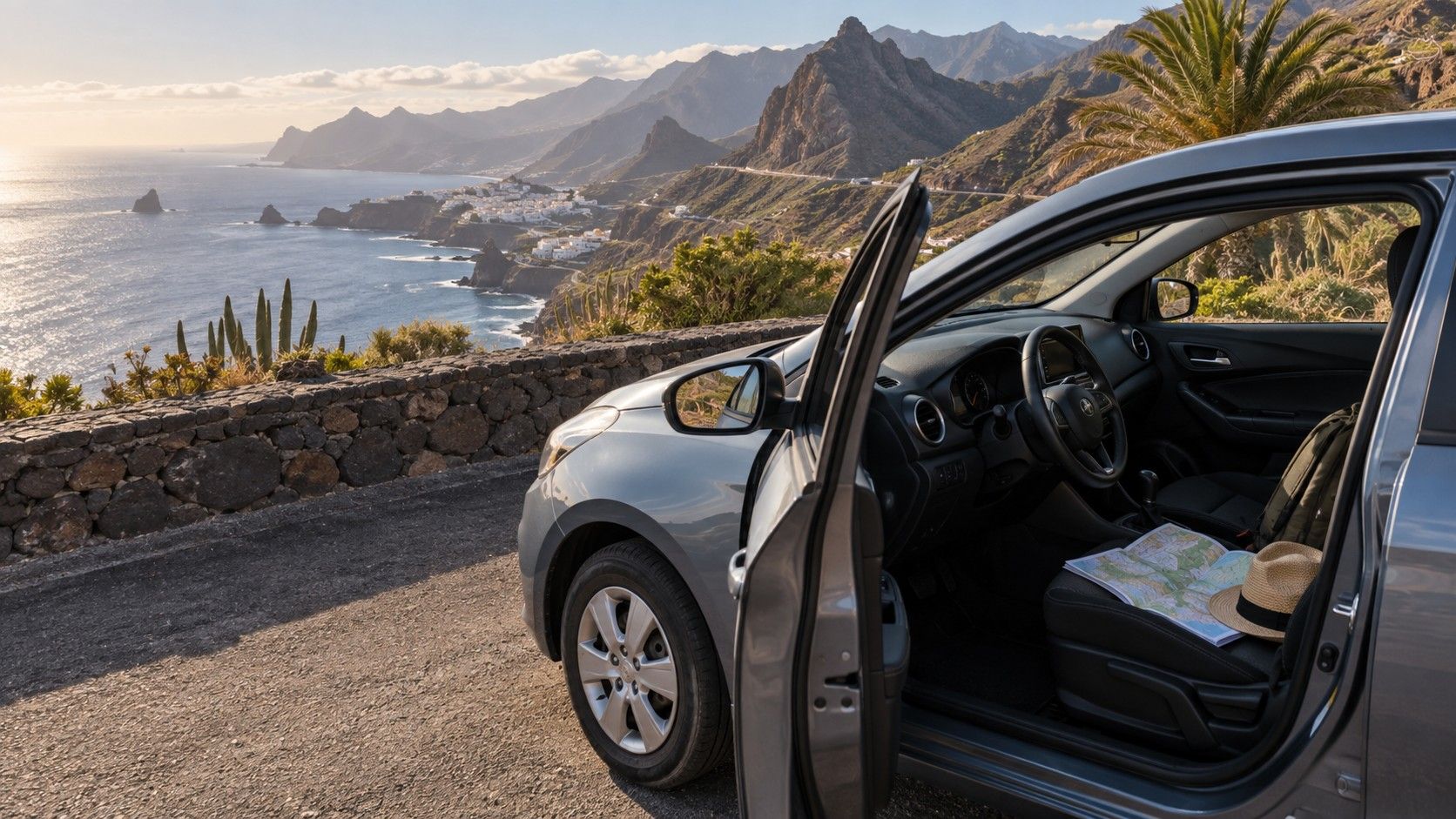 Small rental car parked near a Tenerife coastal road